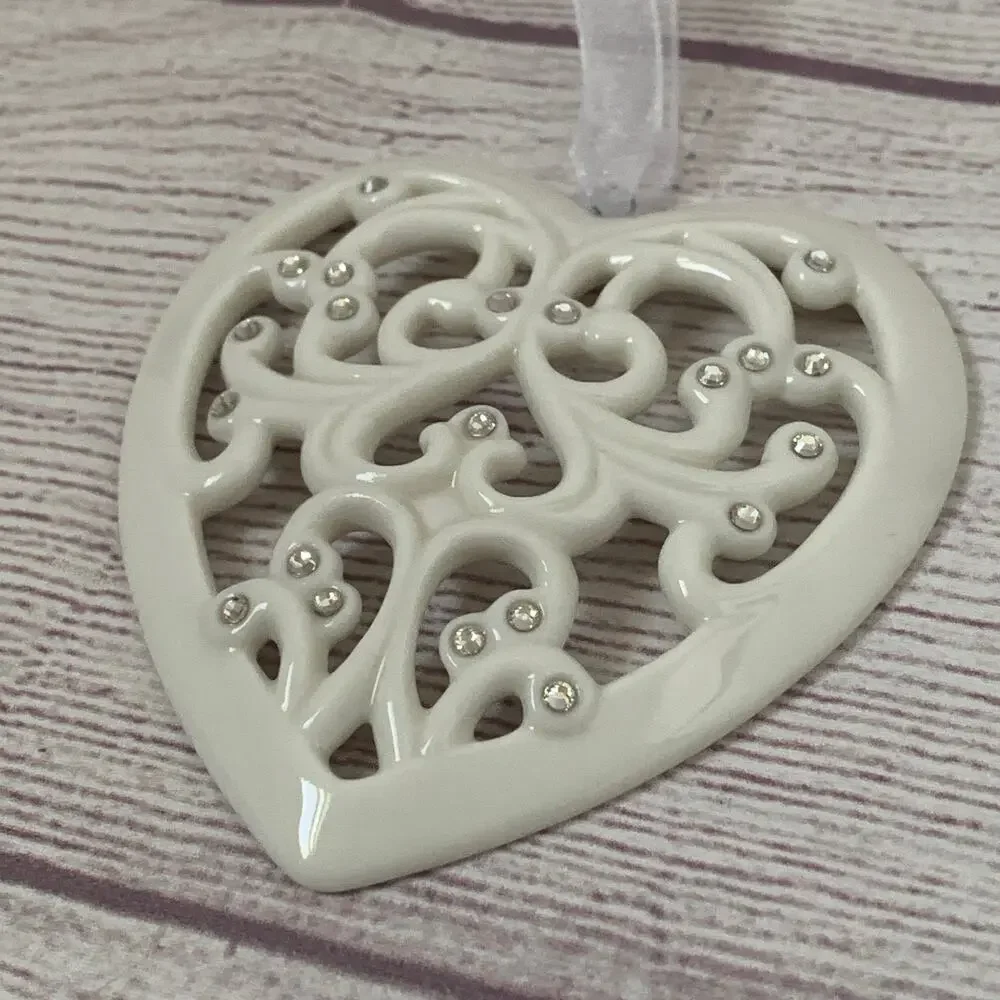 Regent Square Studio Porcelain Filigree Heart Ornament European Crystals Cream